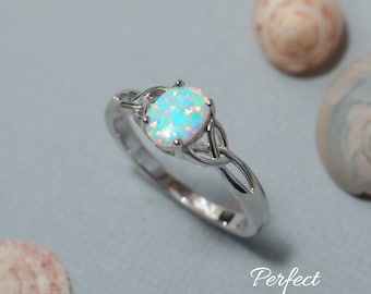 Celtic White Opal Ring, Sterling Silver Lab Created Opal Ring, Oval Celtic Knot Ring for Women, October Birthstone | Perfect Promise Ring