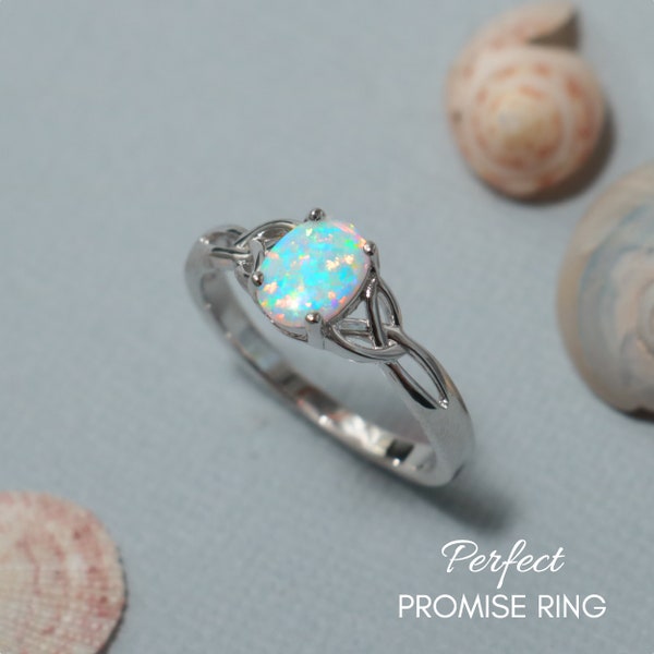 Celtic White Opal Ring, Sterling Silver Lab Created Opal Ring, Oval Celtic Knot Ring for Women, October Birthstone | Perfect Promise Ring