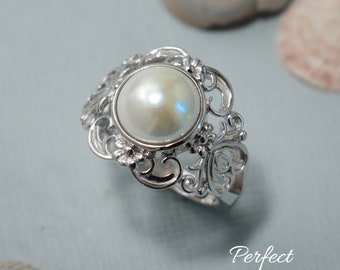 Boho Pearl Statement Ring, Large Pearl Ring, Sterling Silver White Pearl Ring, Lace Filigree Pearl Ring | Perfect Promise Ring