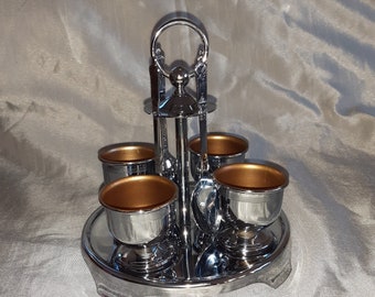 Vintage Chrome Plate Egg Cup and Spoon Holder Server Stand Set of 4 ~ Breakfast Table