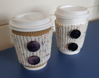 Hand Knitted Coffee Cup Cosy with Button Design, Reusable Cup Sleeve