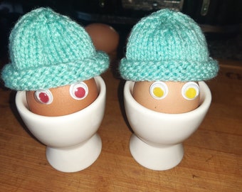 Pair of Hand Knitted Egg Cosies - Handmade Plain Colours Breakfast Brunch Fun
