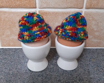 Pair of Hand Knitted Egg Cosies ~ Multicoloured ~ Handmade Breakfast Brunch Idea