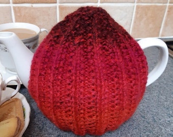 Traditional Teapot Cosy Red Wool ~ Handmade, Hand Knitted Medium Size