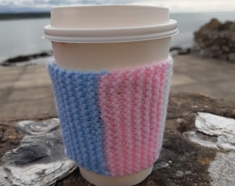 LGBTQ+ Transgender Coffee Cup Cosy, Hand Knitted ~ Reusable Drink Sleeve