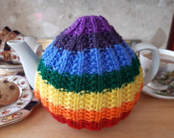 LGBTQ Rainbow Teapot Cosy Hand Knitted ~ Handmade ~ Medium Size LGBTQ+