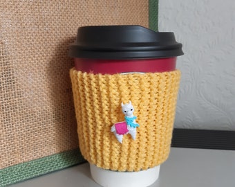 Handmade Hand Knitted Coffee Cup Cosy with lovely Llama Button - Reusable Cup Sleeve