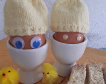 Pair of Hand Knitted Egg Cosies - Handmade Plain Colours Breakfast Brunch Fun