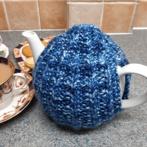Traditional Blue Wool Teapot Cosy ~ Medium Size Hand Knitted ~ Handmade