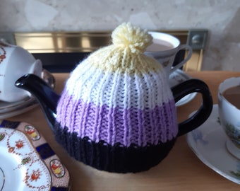 LGBTQ+ Teapot Cosy Non-Binary ~ Pride Flag Colours, Hand Knitted, Handmade