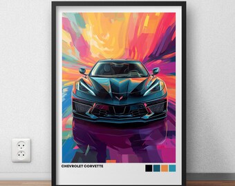 Op de afbeelding: Een zwarte Chevrolet Corvette sportwagen met een abstracte achtergrond in rood, geel en blauw. De auto is scherp en de achtergrond is wazig. De tekst "CHEVROLET CORVETTE" staat onderaan de afbeelding.