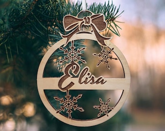 Personalized name CHRISTMAS ornaments Custom bauble, Wooden PERSONALISED hanging gift, Laser cut snowflakes