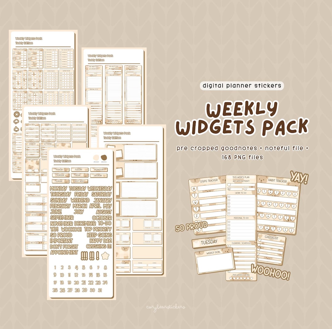 Teddy Digital Weekly Planner Stickers: Goodnotes Widgets (168 Pngs) - Etsy