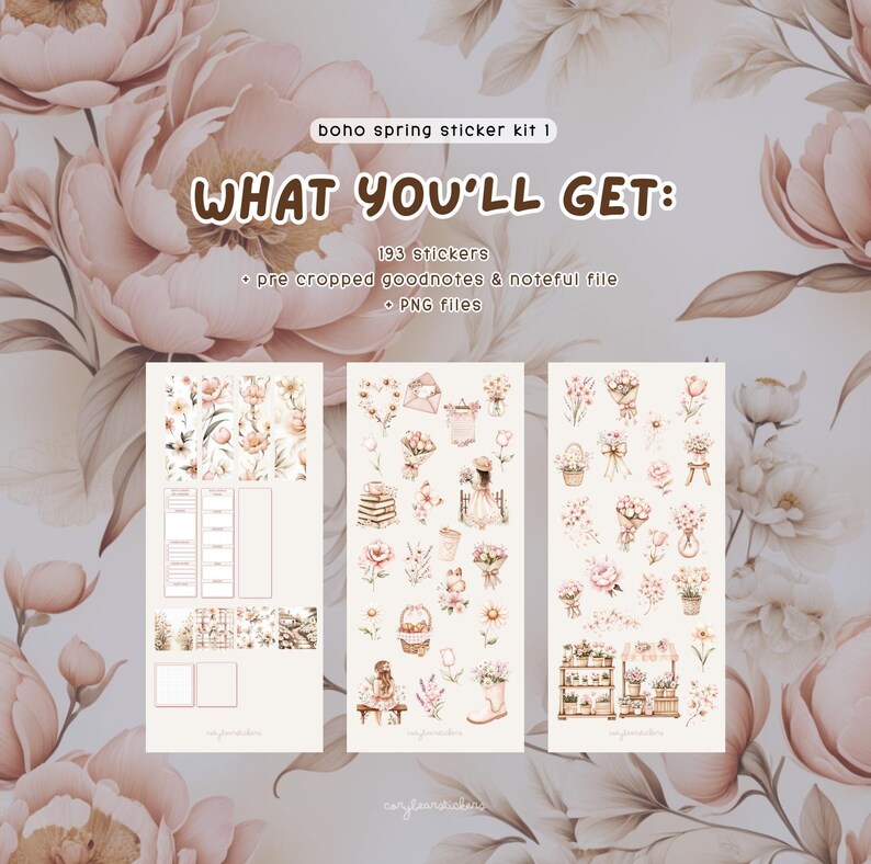 May include: A digital sticker kit with 193 stickers featuring a floral theme. The stickers are pre-cropped for use in Goodnotes and Noteful apps. The kit includes PNG files.