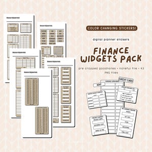 May include: A collection of digital planner stickers, the "Finance Widgets Pack," with pre-cropped GoodNotes and Noteful files. The stickers include expense trackers, budget overviews, and credit card logs. The text "Color Changing Stickers!" is visible.