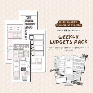 Op de afbeelding: Een set digitale planner stickers voor de apps Goodnotes en Noteful. De stickers zijn zwart-wit en bevatten een verscheidenheid aan wekelijkse planner widgets, waaronder een gewoontetracker, een stappenteller, een checklist en meer. De stickers zijn voorgeknipt en worden geleverd in 88 PNG-bestanden.