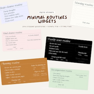 May include: Digital stickers featuring minimalist routine widgets for Goodnotes and Noteful files. The image displays several colorful cards with text such as "Brain cleanse routine," "Weekly reset routine," and "Decompression routine," offering organizational tools.