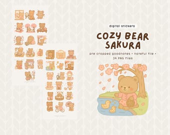 Pegatinas Cozy Bear Sakura: Pegatinas del planificador digital (Goodnotes, Noteful)