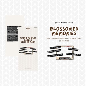 May include: Digital sticker pack featuring photo frames and labels. Text includes "Blossomed Memories," "Photo Frames Labels Sticker Pack," and phrases such as "Hello March," "Floral Dreams," and "Soft Days." Ideal for digital scrapbooking projects.