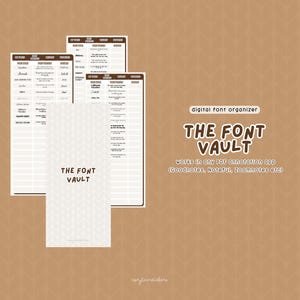May include: A digital font organizer printable, titled "The Font Vault", designed for use with PDF annotation apps like Goodnotes, Noteful, and Zoomnotes. The printable features a grid with spaces to list font names, categories, and sample text.