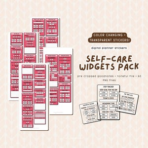 May include: A set of 60 digital planner stickers with a pink and brown color scheme. The stickers are pre-cropped for use in Goodnotes and Noteful apps. The stickers feature various self-care trackers, including a step tracker, a medication tracker, a mood tracker, and a me-time log.