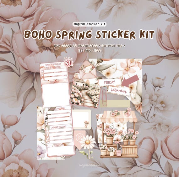 Boho Spring Digital Sticker Kit: GoodNotes Planner Stickers (193 PNGs, GoodNotes & Noteful Files)
