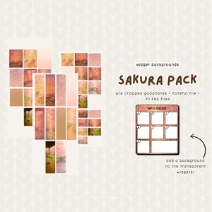 May include: A digital product image featuring a collection of widget backgrounds and a watch tracker. The text reads "SAKURA PACK" and includes the phrases "pre cropped goodnotes noteful file" and "70 PNG files". The backgrounds have a pink and orange color scheme.