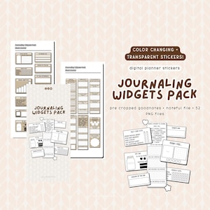 May include: A digital planner sticker pack with 52 pre-cropped PNG files for Goodnotes and Noteful. The stickers are color-changing and transparent. The pack includes various journaling widgets such as "Self-Care Dots", "Today I Feel", "Lesson of the Day", and "Today's Win".