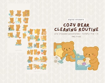 Pegatinas de limpieza de Cozy Bear: Planificador digital, Goodnotes, Noteful (PNG)