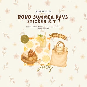 Op de afbeelding: Digitale stickerkit getiteld "BOHO SUMMER DAYS STICKER KIT 1". De afbeelding bevat illustraties van een drankje, eten en een draagtas met het woord "Summer". Het woord "Weekend" is ook aanwezig, samen met de maand "July".