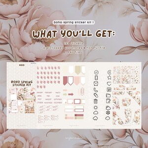 May include: A digital planner sticker kit with 193 stickers featuring a boho spring theme. The stickers include floral designs, calendar elements, and various icons. The kit is available as pre-cropped goodnotes and noteful files, as well as PNG files.