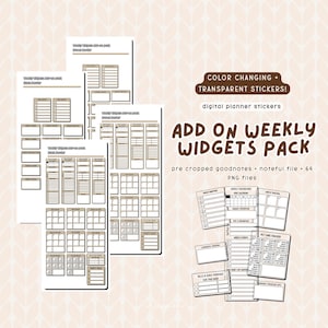 May include: A set of digital planner stickers for Goodnotes and Noteful apps. The stickers are pre-cropped and come in 64 PNG files. The stickers are color-changing and transparent. The stickers include a weekly dashboard, habit tracker, meal planner, pet care tracker, and more.