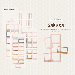 May include: Digital photo overlays and frames in a soft, pastel color palette. The word "SAKURA" is displayed in a brown font, with the text "photo frames" above it. The image includes pre-cropped Goodnotes and Noteful files, with 70 PNG files.