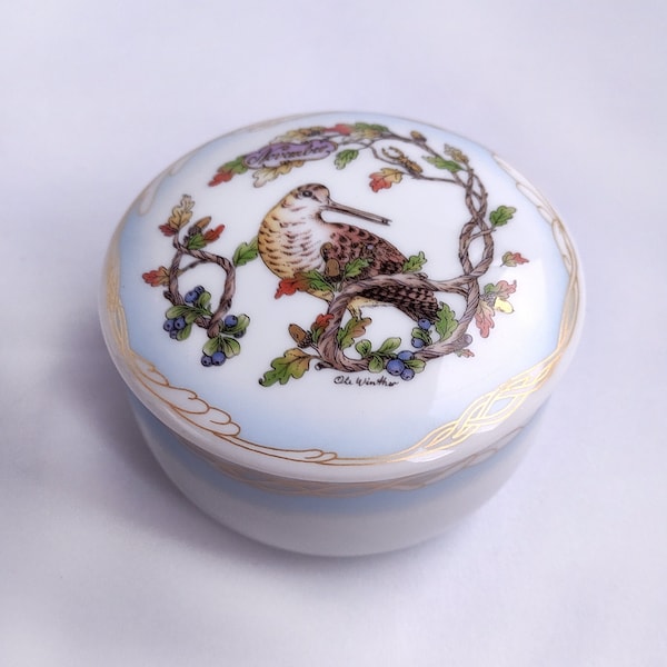 vintage Hutschenreuther Porcelaine Boîte Ronde Bécassine Oiseau et Feuilles de Chêne Ole Winther Trinket Puff Commode Boîte à Bijoux Bavière Collectors Item