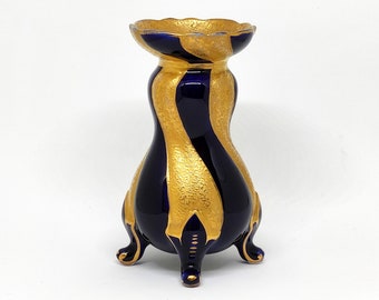 Antique JLMENAU Graf von Henneberg Echt Kobalt Heavy Gold Gilt Footed Porcelain Candle Holder Ilmenau German Porcelain Collectors Item 1930s