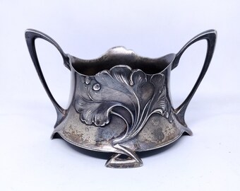 Art Nouveau WMF Cubiertos Sugar Cup Bowl Antiguo plateado adornado Hoja de ginkgo Adornos de bayas Firmado Jugendstil Artículo de coleccionista c. 1900