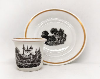 Antique Lippert & Haas in Schlaggenwald Porcelain Coffee Tea Cup Saucer Austrian Castles Transferware Collectors Item Haas Czjeck 1830-1846