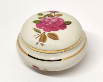 Vintage Pink Rose Round Porcelain Trinket Box Flower Leaves Trinket Puff Dresser Jewelry Box Kerafina KPM KM Bavaria Collectors Item 1950s