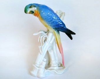 Antique Karl Ens Volkstedt Porcelain Parrot Figurine Blue and Yellow Parrot standing on a Branch Art deco Germany 1930s