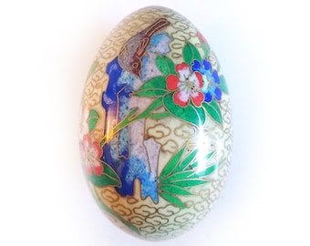Vintage Chinese Cloisonne Enamel Egg Sculpture Bird Cherry Blossom Lotus Flowers Decoration White background Cloud pattern