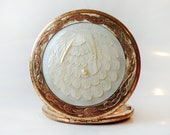 Vintage Mother of Pearl Powder Compact Case Gold Tone Engraved Carved Peacock w Pearl Vintage Makeup Mirror Handbag Dresser Mid-century
