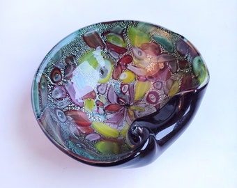 Vetro Murano Mid Century AVeM Tutti Frutti Twisted Cane Murrines Silver Aventurine Shell Bowl Ashtray Martens Radi Aurelliano Toso Art glass