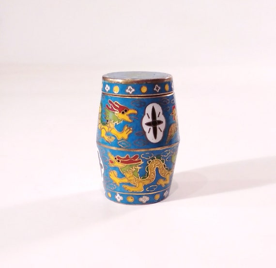 Antique Chinese Cloisonne Enamel Barrel shaped Snuff Box Yellow Red Dragon and Bird Trinket Box Pill Box Cloud pattern turquoise China 1910