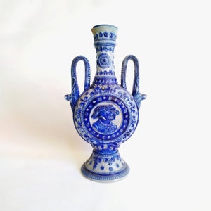 Rare Antique Westerwald Salt Glazed Stoneware Pottery Vase | Two Handled Cobalt Blue Color with Rounded Portraits | Germany, 19th century