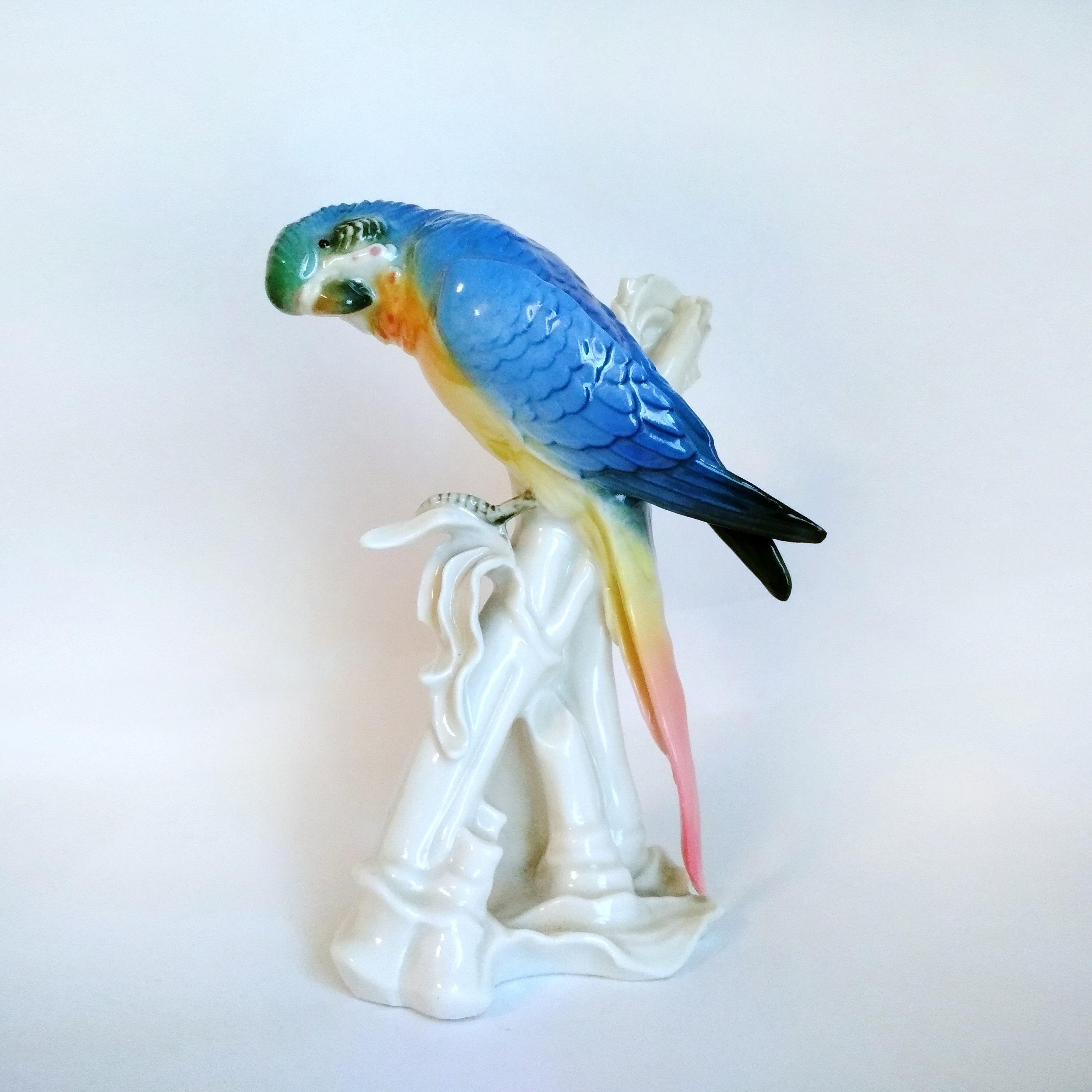 ドイツ Alte Volkskunst Kreuzstich Antique Karl Ens Volkstedt Porcelain Parrot Figurine Blue