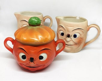 Vintage Porcelain Pumpkin Face Bowl Mug Set Spider Nose Face Jugs Tea Coffee Soup Porridge Bowl Ceramic Czechoslovakia 1960s Collectors Item