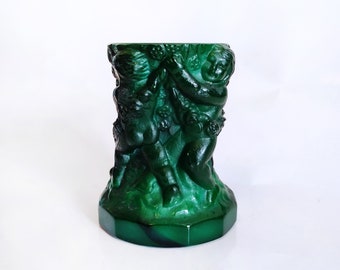 Vaso in vetro malachite verde Art Deco Putti Harvest Vintage Vetro boho ceco Vetro marmo antico giada Schlevogt Hoffmann Ingrid Originale