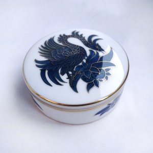 Seltene antike Rosenthal Blau Gold Vogel Phoenix Minimalist Porzellan Box Runde Trinket Puff Kommode Eitelkeit Schmuckschatulle Selb Bavaria Art-Deco