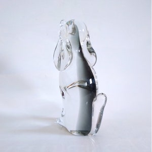 Pu&ograve; includere: Una statuetta di cane in vetro trasparente, con lunghe orecchie pendenti e una postura seduta. La scultura &egrave; trasparente, permettendo alla luce di passare attraverso, ed &egrave; posta su uno sfondo bianco. La forma del cane &egrave; liscia e dettagliata.