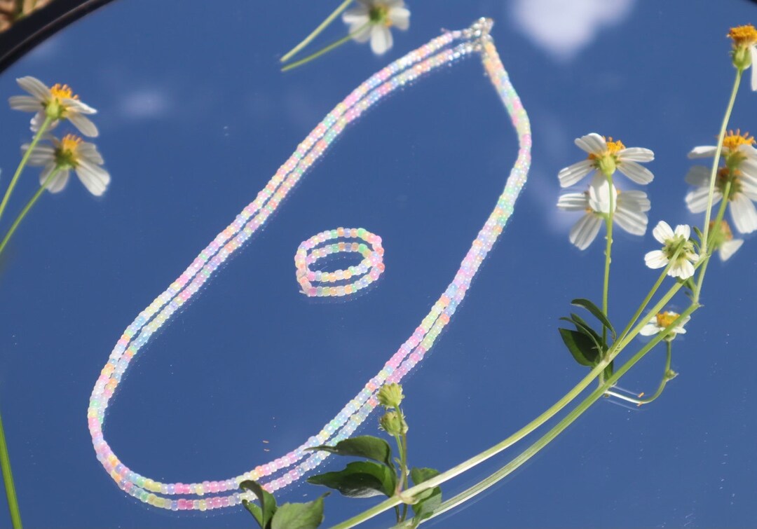 Pastel Seed Bead Necklace and Ring Beachy Girl Gift Coconut Surfer ...